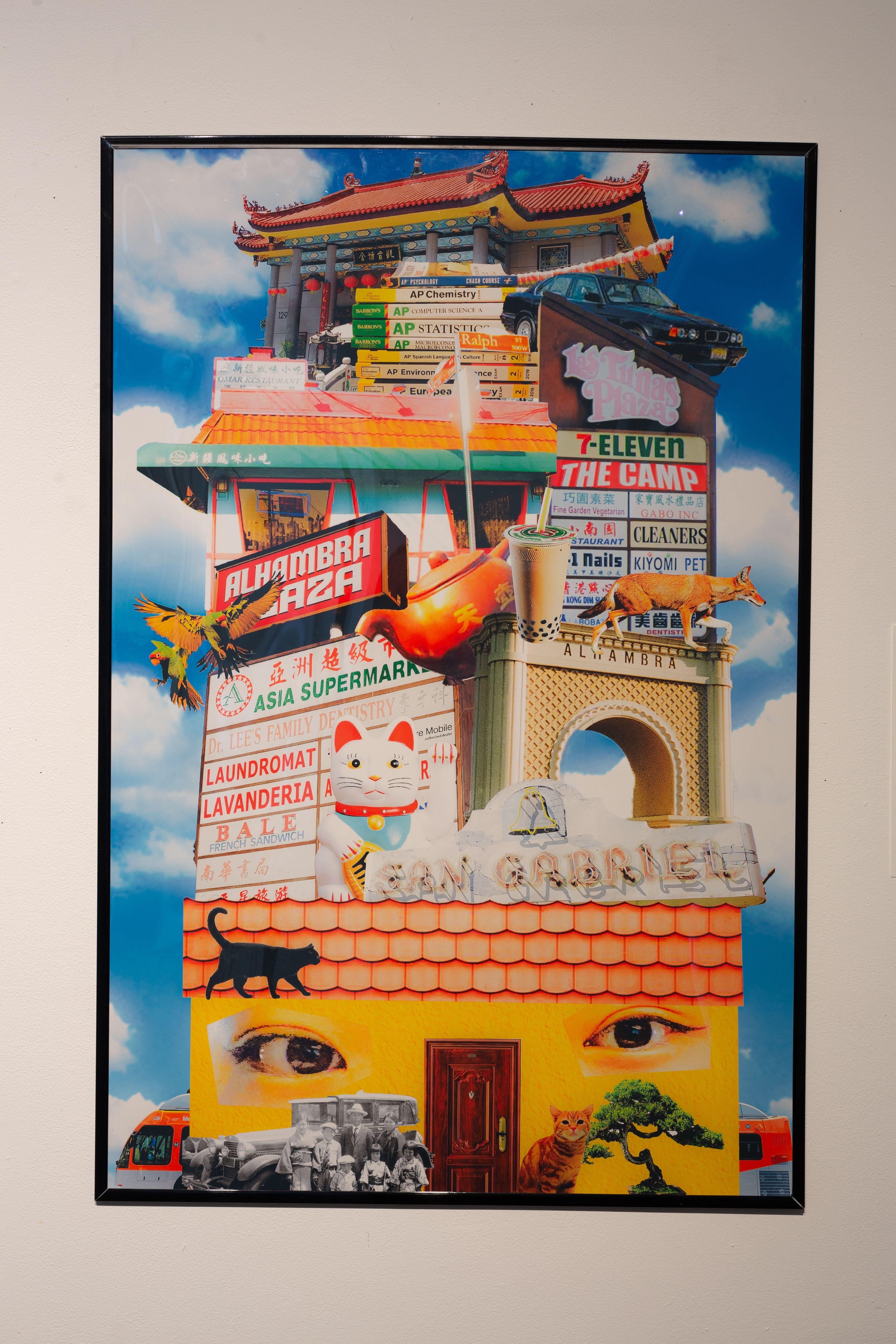 A collage of objects and locations from the San Gabriel Valley: a vertically oriented building collaged from boba, strip malls, textbooks, teapots, cats, and bonsai among other elements.
