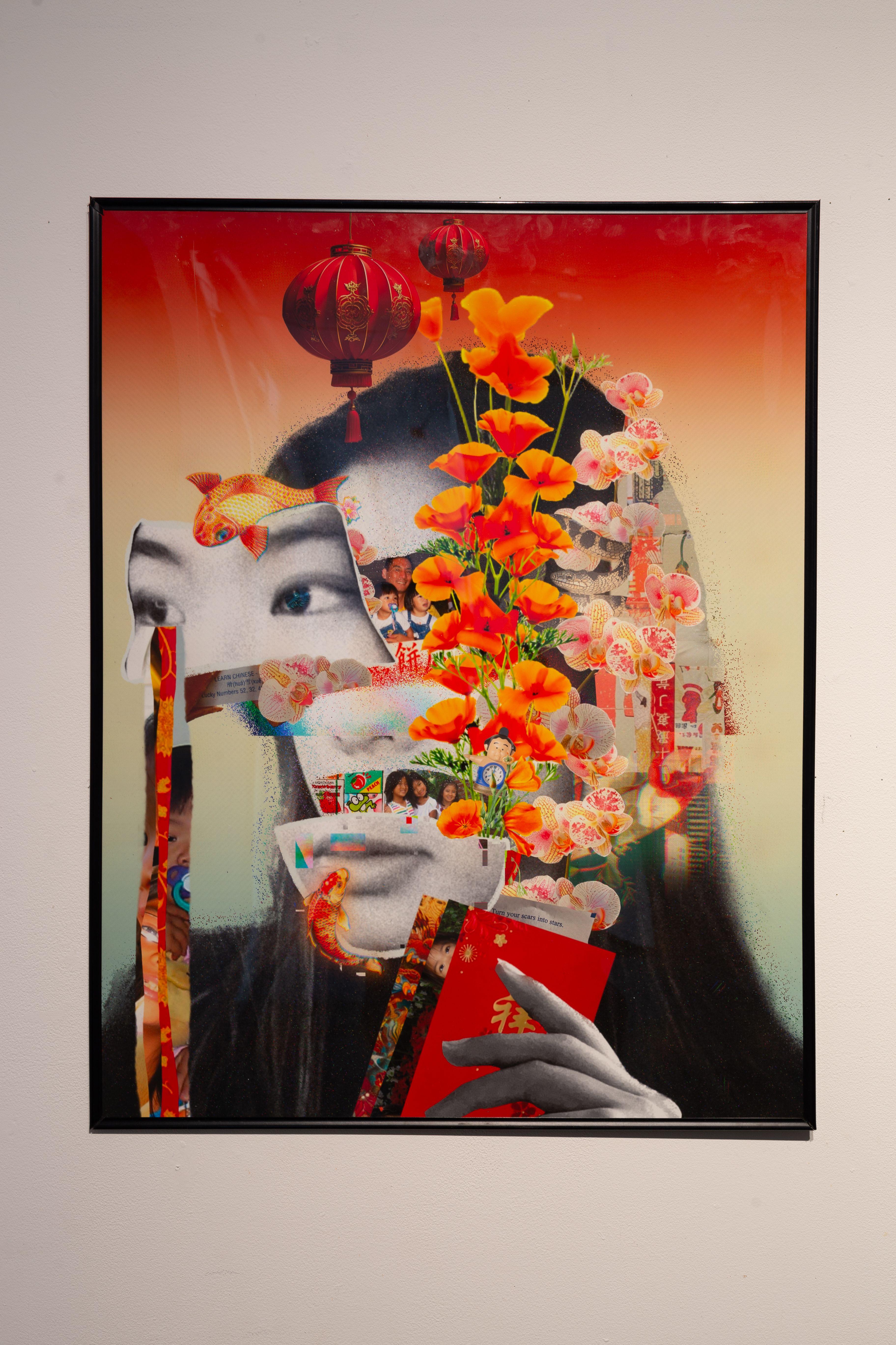 A collage. Registers of the subject's face are cut and moved, and from the empty space flowers, koi, and lanterns emerge,