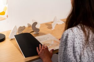 Person sitting at a table reading a book.