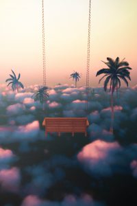 Illustration of a swing above clouds and palm trees.