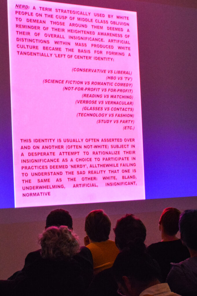 NERD: A term strategically used by white people on the cusp of middle class oblivian to demean those around them deemed a reminder of their heightened awareness of their overall insignificance.