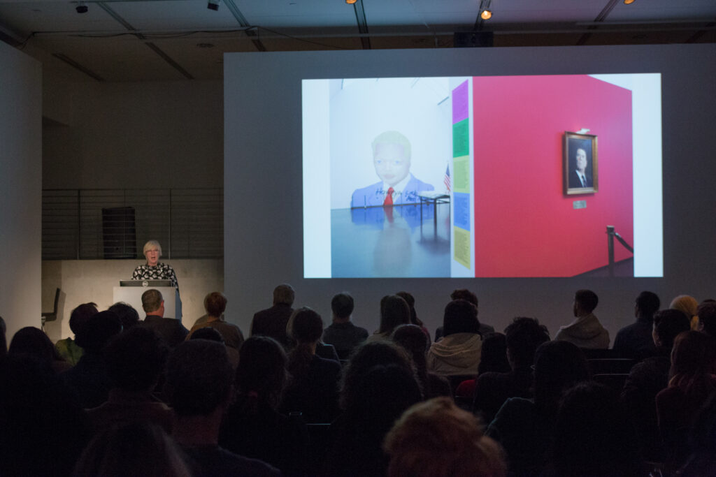 Helen Molesworth showing a slide during her presentation in the EDA pit.