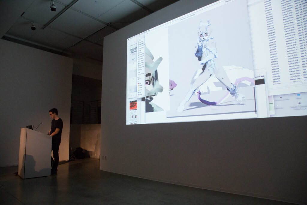 Ian Cheng showing early sketches of his video game simulation work.