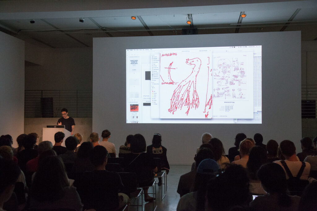 Ian Cheng showing early sketches of his video game simulation work.