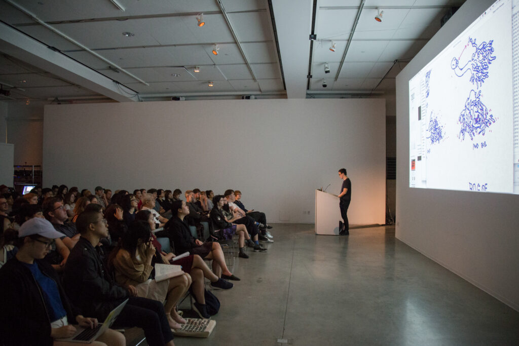 Ian Cheng showing early sketches of his video game simulation work.