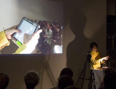 Toshio Iwai demonstrating one of his projects.