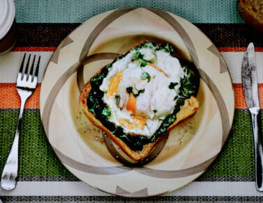 Plate of toast with an egg on top. Part of Isabelle Chen's solo show.