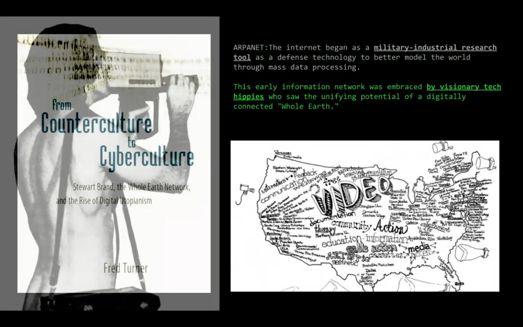 Powerpoint slide listing the origin of ARPANET: a military-industrial research tool.