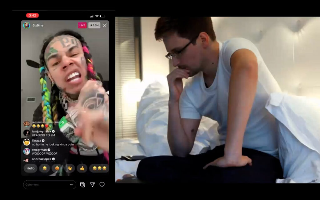 Diptych of Instagram live 6IX9INE screenshot pictured on left next to Edward Snowden thinking screenshot pictured on right.