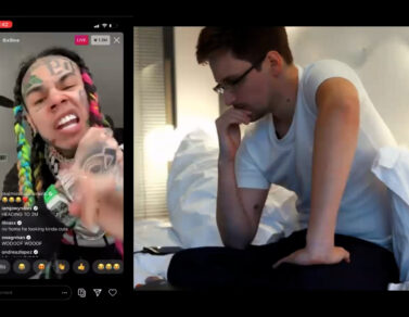 Diptych of Instagram live 6IX9INE screenshot pictured on left next to Edward Snowden thinking screenshot pictured on right.