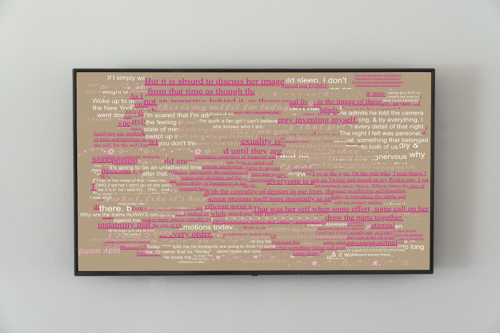 TV with pink and white text