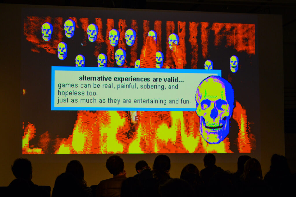 NATHALIE LAWHEAD lecture slide, alternative experiences are valid... games can be real, painful, sobering, and hopeless too. just as much as they are entertaining and fun.