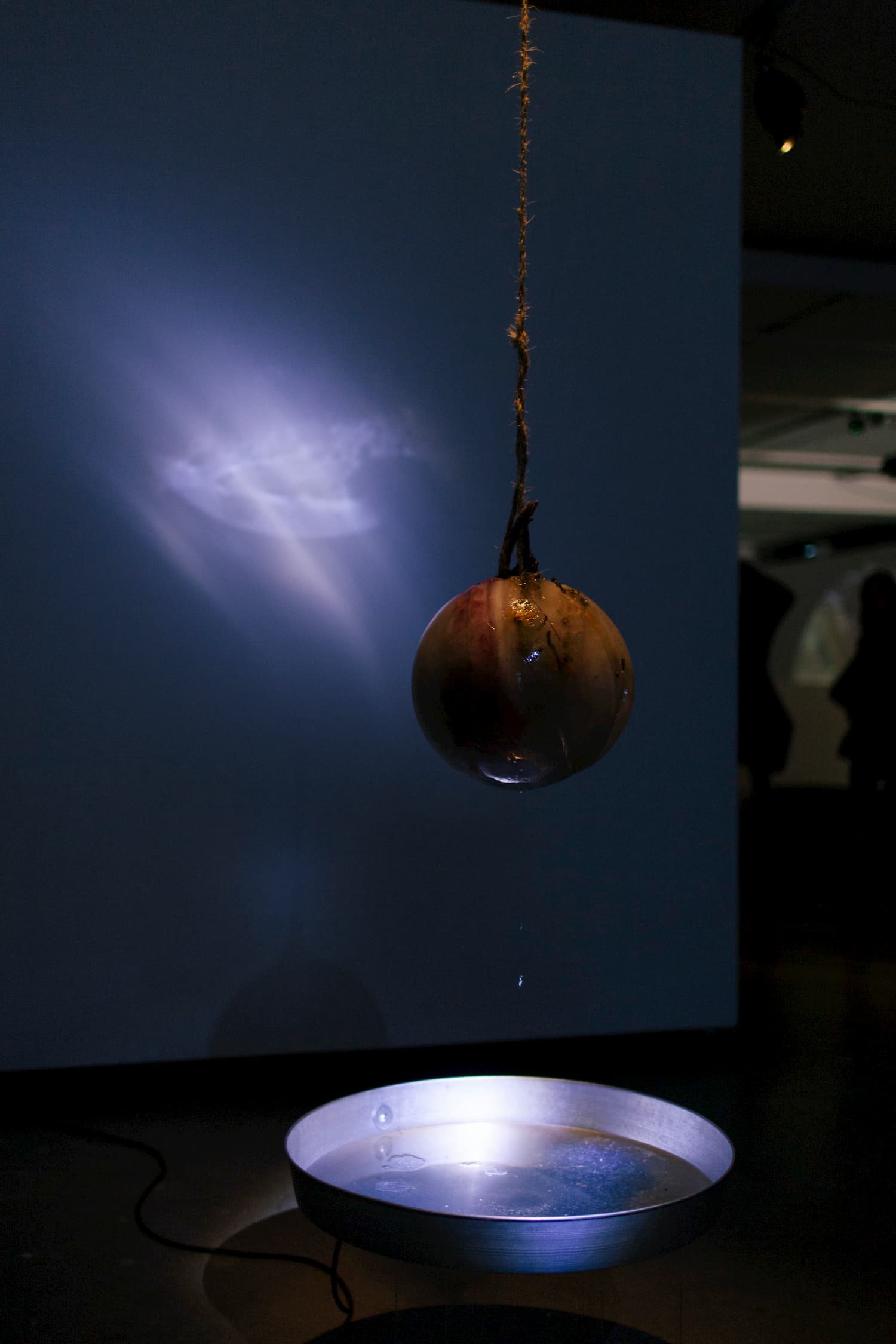 Sphere hanging by a style of thread over a pan of water. Joteva's solo show.