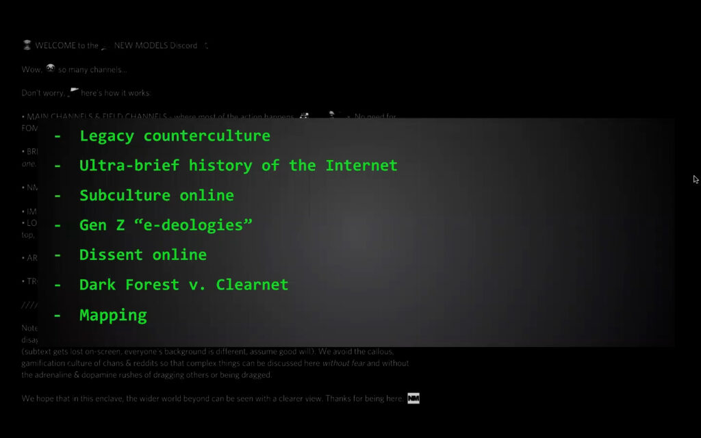 A list of text on screen describes Carolina Busta's outline for Carolina Busta's presentation named CAROLINE BUSTA | CLEARNET VS. DARK FOREST: NOTES ON THE NEW PSYCHOGEOGRAPHY OF ART